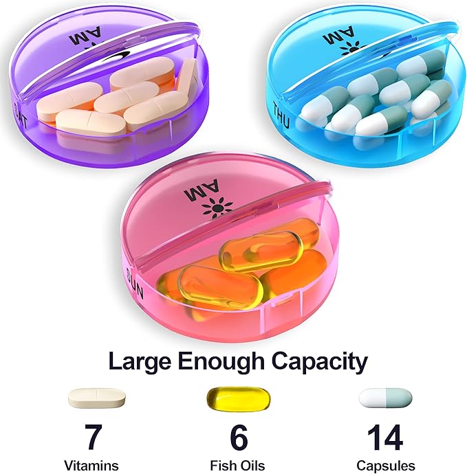 Weekly Pill Organizer 2 Times a Day - Large Capacity –Travel Pill Box 7 Day with Airtight Lid Lock – Portable Pill Case for Purse – Ideal for Vitamins, Supplements, and Fish Oil Pills (Rainbow)