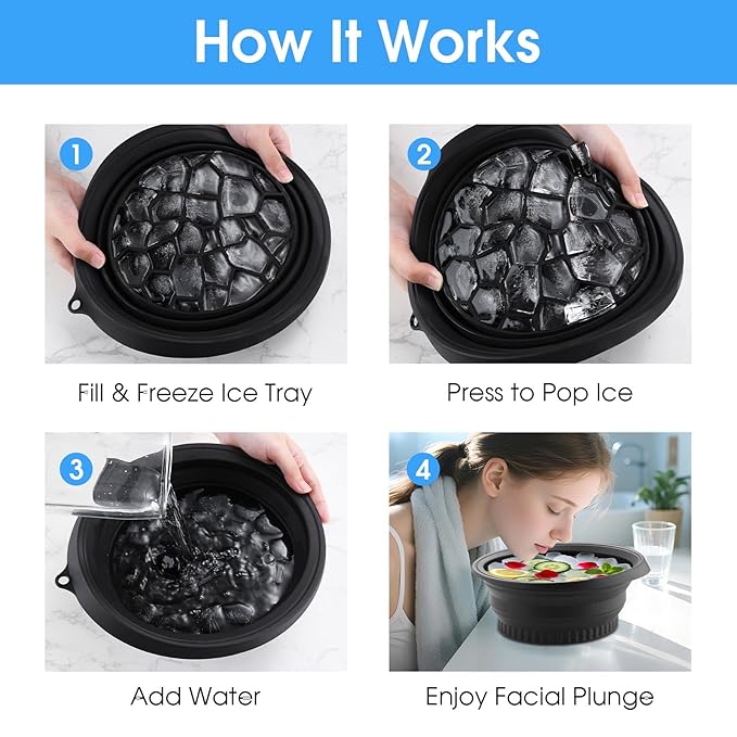 Face Ice Bath Bowl – Collapsible Silicone Facial Ice Bowl with Built-in Ice Tray for Cold Plunge – Portable Skincare Tool for Skin Tightening, Puffiness Relief, Travel & Home Use (blue)