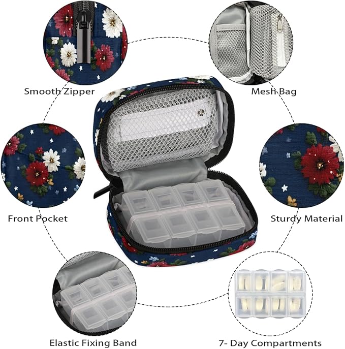 Blue Daisy Flowers Pill Case Everyday Travel, 7 Day Weekly Medicine Pill Box Compact Portable Pills Bottle Organizer with Zipper for Daily Vitamin Medicine Holder Bottle Organizers Bag