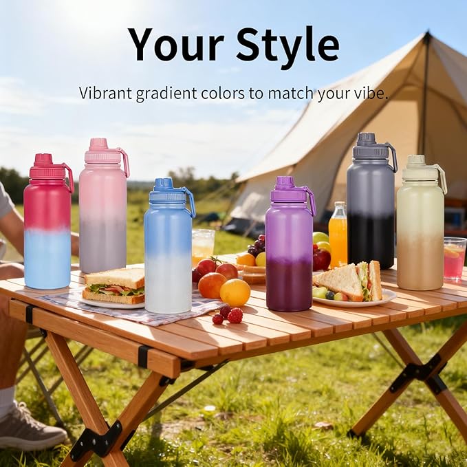 Water Bottle 32oz - Leakproof & BPA Free Sports Water Bottle Carry Strap for Gym, Travel and Outdoor Sports (Stainless steel insulation-Pink)