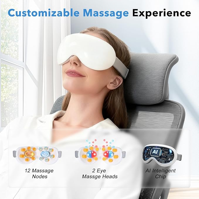 Eye Massager with Heat and Cooling for Migraines – 14 Massage Nodes for Eye Strain Relief, Rechargeable Bluetooth Music, Improve Sleep,Eye Strain Relief, Birthday Gifts for Women and Men(White)