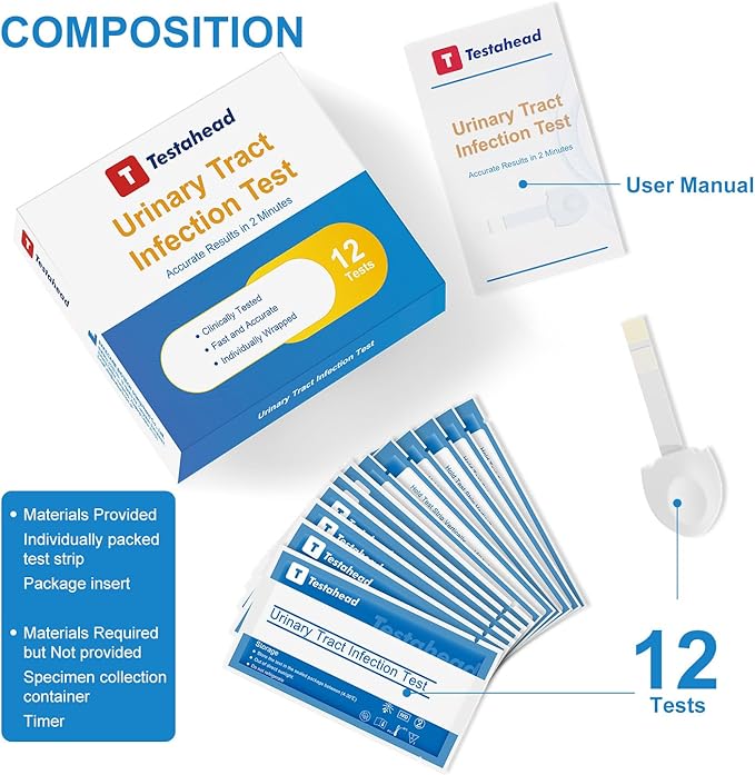 UTI Test Strips for Home Use Detects White Blood Cells and nitrites in Urine 2-Minute Rapid Results Suitable for Women, Men, and Children Urinary Tract Infection Test Strips (12uti)
