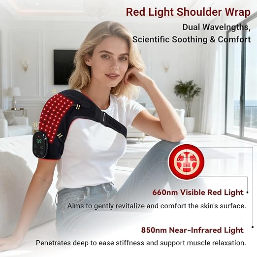 Cordless Shoulder Heating Pad with Massage, Red Light Massager for Soothe Discomfort, Heated Support Wrap for Muscle Comfort, Men & Women. (Black)
