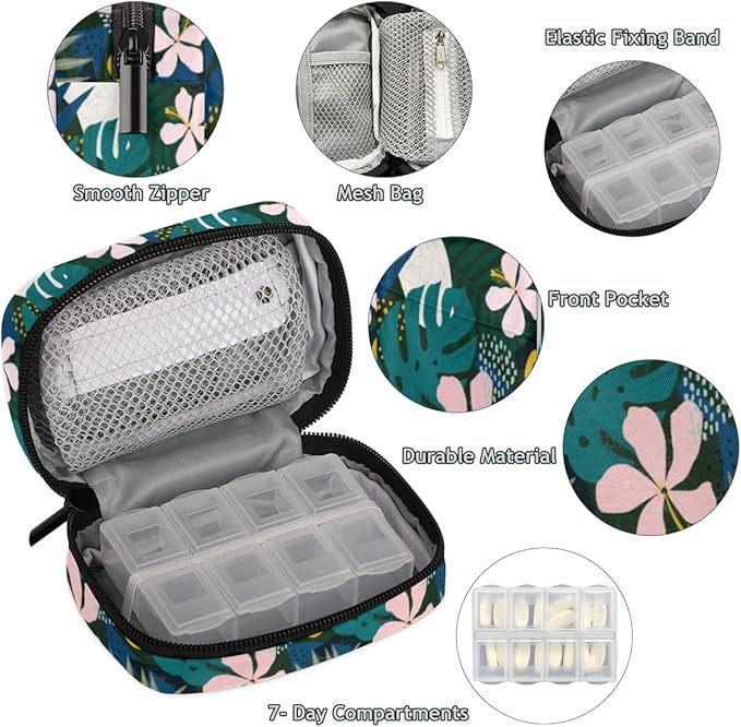 Pill Case Pill Travel Organizer 7 Day Weekly Medicine Pill Box Hawaiian Palm Leaf Flower Small Cute Compact Size Vitamin Container Pill Bottle Portable Birth Control Pill Holder Bag with Zipper