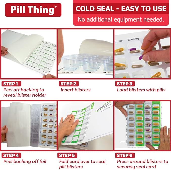 4 Times a Day Weekly XL Cold Seal Pharmacy Blister Pack System Cards for Pills -Two Piece Unit Dose Tri-Fold Booklet Easy No Extra Equipment Needed (4X a Day Weekly - 6 Pack)
