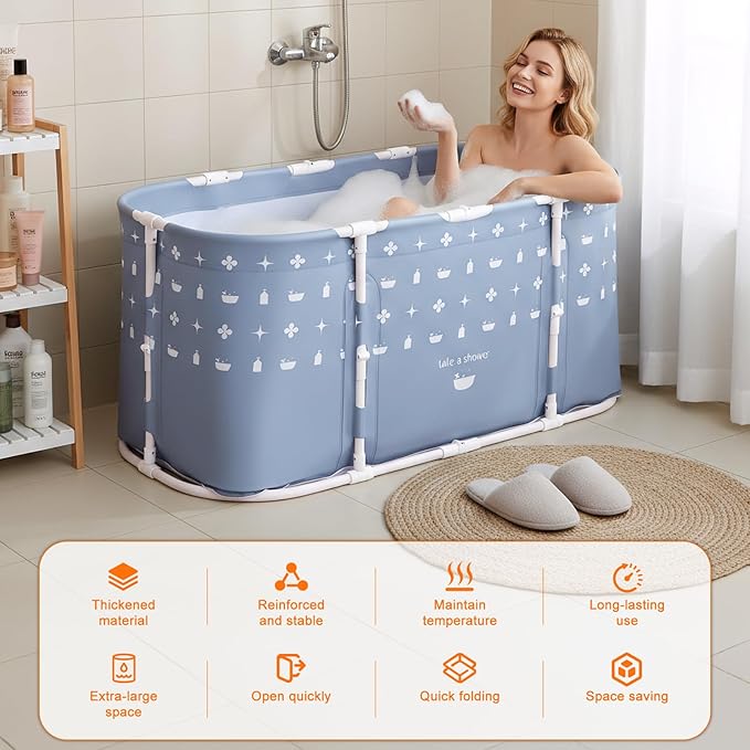 Portable Bath Tub No Installation, Foldable Bath Tub for Adults, Collapsible Adult Soaking Tub for Shower Stall, No Installation Ice Bath and Hot Bath for Indoor Small Bathroom Use