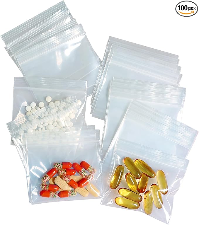 100 Packs Pill Bags 6 mil Sturdy 3x2.75 inch Pill Pouches BPA Free Seal Waterproof Handy Reusable Pill Bags for Travel Small Plastic Bags for Pill Organizer, Jewelry and Small Craft Pieces