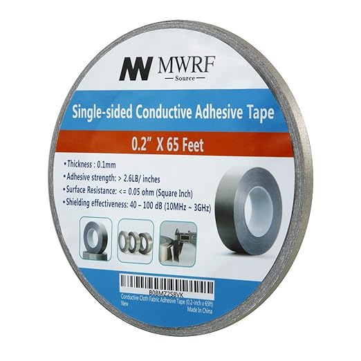 MWRF Source Conductive Cloth Fabric Adhesive Faraday Tape (0.2-inch x 65ft); EMI Grounding; RFID Signal Attenuation; Radio Frequency Signal Attenuation; Guitar Interference Shielding