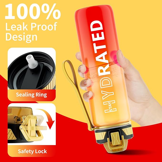 Water Bottle with Straw, 32oz Motivational Water Bottles with Time Marker to Drink, Tritan BPA Free, 1L Sports Water Bottle with Carry Strap LeakProof for Women Gym Fitness Outdoor (1 Pack)