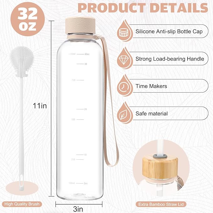 1 Pcs Slim Water Bottle 32oz, 1L Motivational Tracking Reminder Water Bottle-lightweight & Shatterproof and Stainless Steel Lid & Bamboo Straw Lid, for Travel Sports School Gym(Clear)