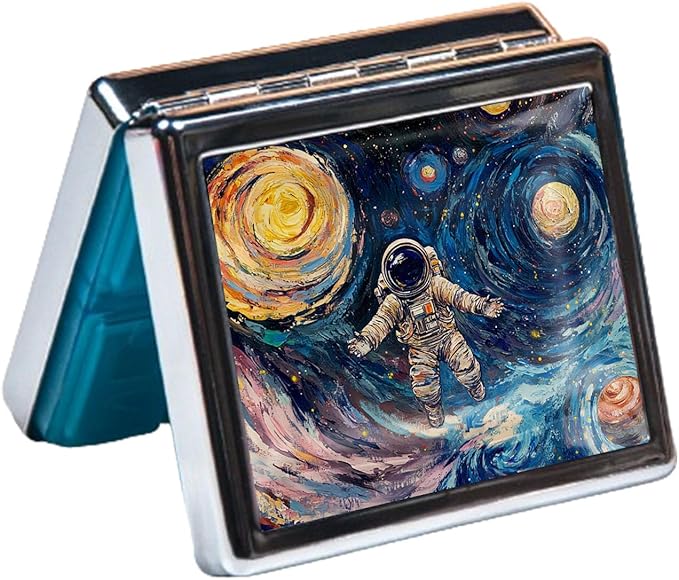 7 Day Travel Pill Organizer with Mirror Shiny Silver Chromed 8 Compartment Pill Box for Vitamins and Medications Compact and Stylish Medicine Case (Spaceman)