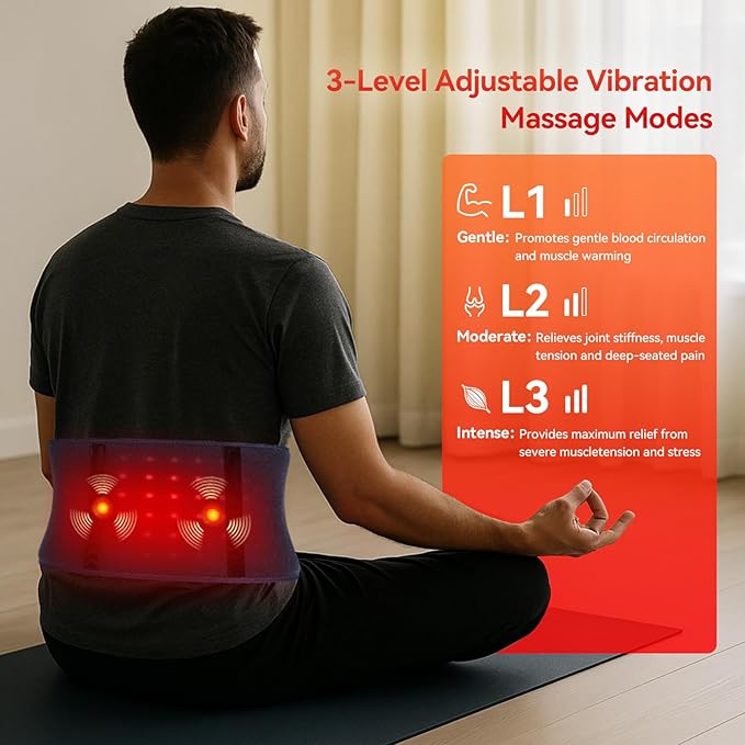 Red Light Therapy Belt for Back & Abdomen, 5000mAh Cordless Infrared Waist Wrap with Pulse/3-Mode Vibration Massage – Pain Relief, Muscle Relaxation & Circulation Boost, Ideal for Mom & Dad