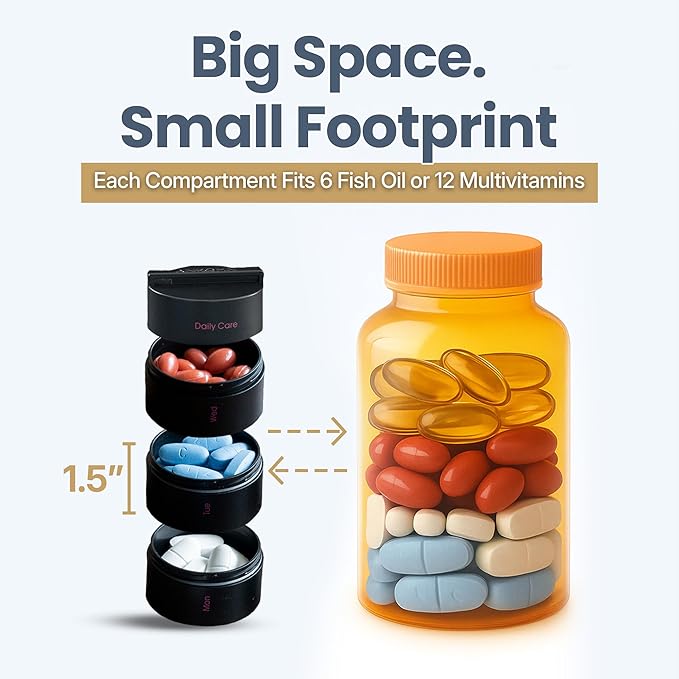 Ankomn 7 Day Travel Pill Organizer - IPX7 Rating Waterproof, Airtight & Portable Pill Case for Vitamins - Durable Weekly Supplement Case with Stackable Compartments for Outdoor Use - Black