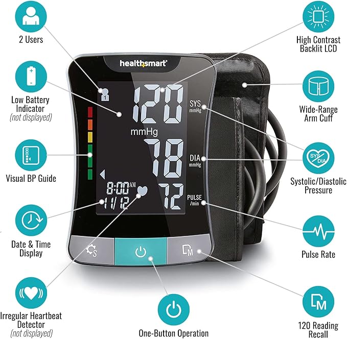 HealthSmart Digital Premium Blood Pressure Monitor with Automatic Upper Arm Cuff that Displays Blood Pressure, Pulse Rate and Irregular Heartbeat, Stores up to 120 Readings for 2 Users