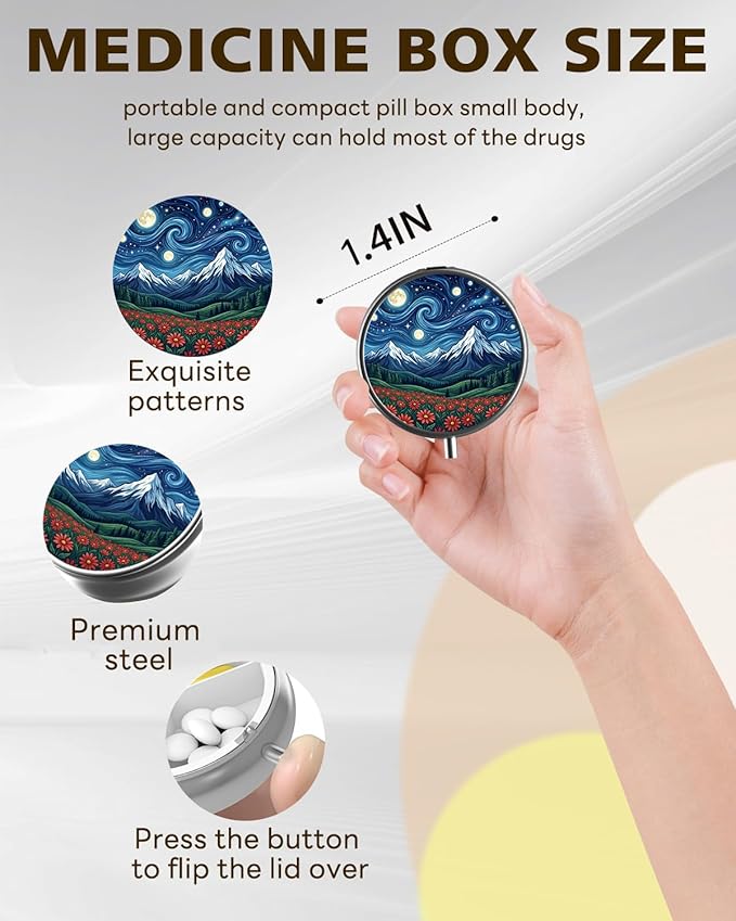 LRITER Pill Case, Portable Travel Pill Box, Pillbox Organizer, Cute Small Medicine Storage Container, Purse Accessories for Women, Men (Starry Sky)