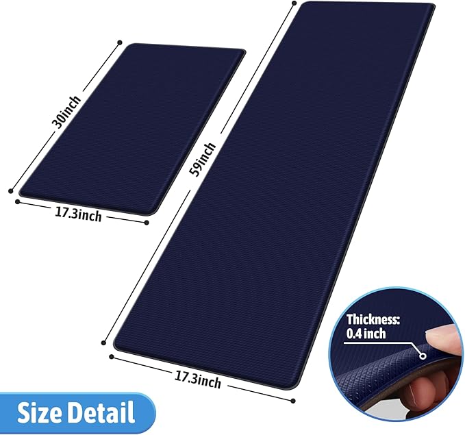 StepLively Kitchen Mat, 2 PCS Kitchen Rugs, Cushioned Kitchen Mats for Floor, Anti Fatigue Kitchen Rug Set, Non-Skid Standing Mat for Kitchen, Office, Sink, 17.3"×30"+17.3"×59", Blue