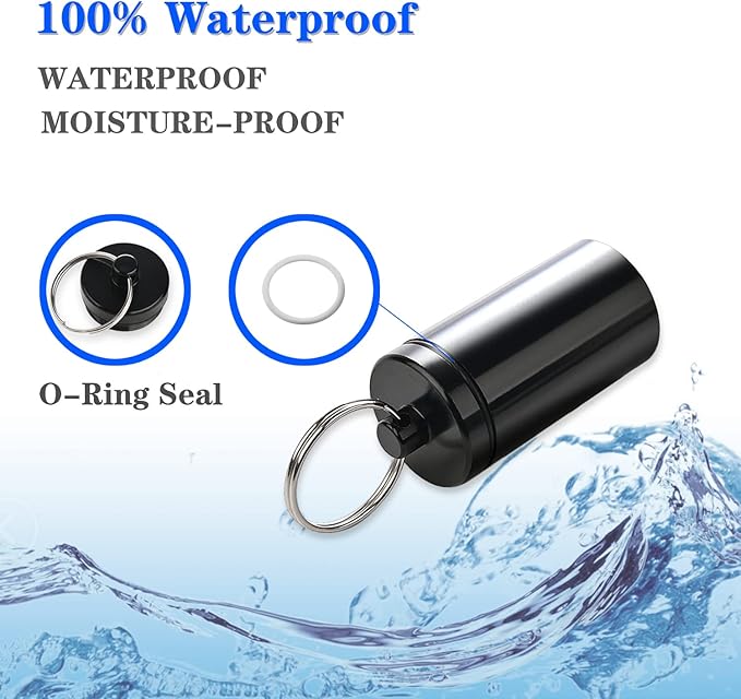Portable Pill Holder Keychain,Aluminium Alloy Waterproof Pill Boxes Container for Purse Pocket,Small Daily Pill Case for Outdoor Travel Camping-Black
