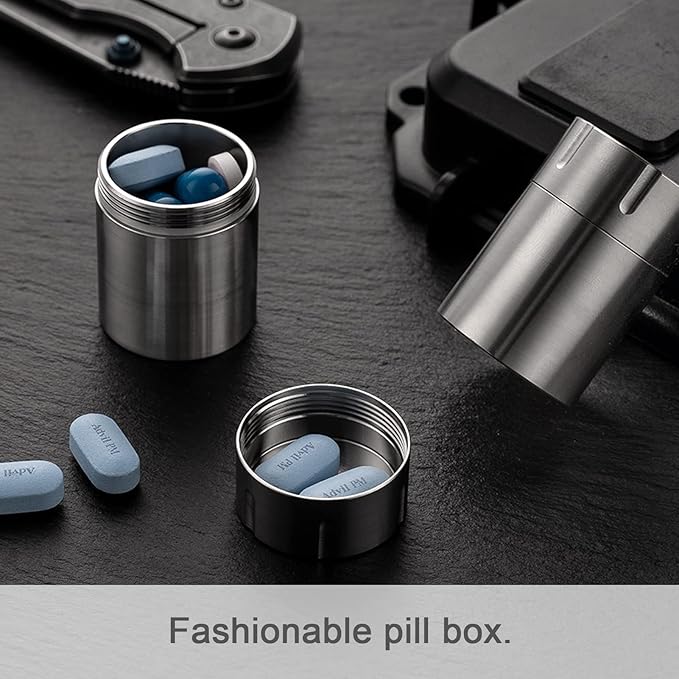 TISUR Portable Pill Cases, Metal Titanium Pill Holder Pocket Small Pill Box Keychain Waterproof Pill Bottle Medicine Organizer Case Container for Travel Purse Outdoor Camping (Titanium Pill Bottle)
