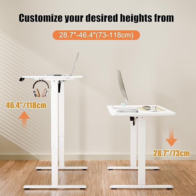 ERGOMAKER Electric Standing Desk, 43.3" x 23.6" Height Adjustable Sit Stand Desk with Splice Board for Home Office, Computer Desk Memory Preset (White Frame, White Desktop)