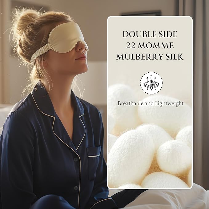 Luxury 22 Momme Mulberry Silk Eye Mask for Women Men Blindfold with Elastic Strap,100% Pure Silk Travel Eye Covers Light Blocking Lightweight Cooling Soft Night Eyeshade Sleep Masks,Beige