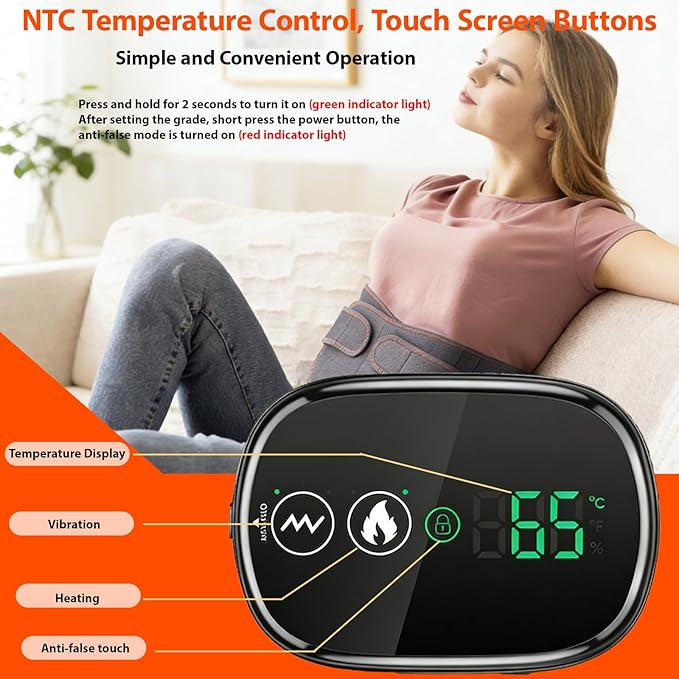 Lower Back Massager with Heat, Heating Pad for Back, Stomach Heating Pad, Cordless Portable Waist Massage Belt with Heat Vibration 3 Levels Adjustable, Touchscreen Control, Adjustable Size (Grey)