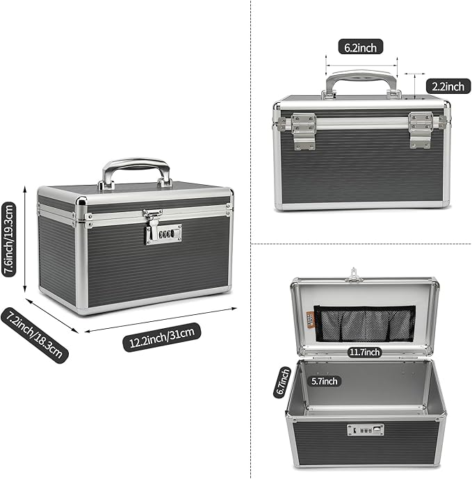 Combination Locking Medicine Box with Portable Storage Case, 12.2 x 7.2 x 7.6 Inch, Childproof Medication Lock Organizer, Lockbox for Secure Cash, Jewelry, ID Documents (Gray/Medium)
