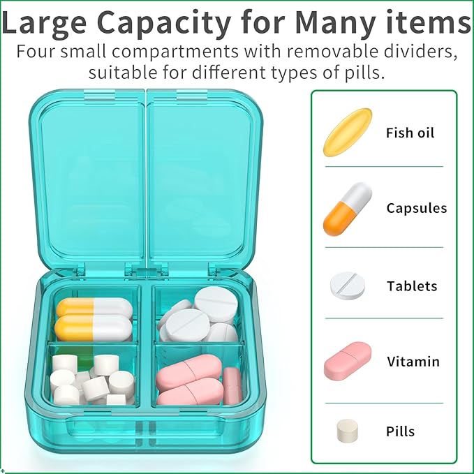 Small Pill Box,4 Compartments Travel Pill Case, Portable Pill Organizer,Mini Pill Container for Pocket,Daily Compact Travel Medicine Holder for Vitamins Fish Oil and Supplement Storage(Green+Cyan)