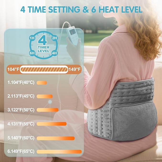 Heating Pad Back Pain Relief Electric Heating Pad for Period Cramps Lower Back Neck Shoulders Pain Relief 6-Hour Auto Off 12x24 Heated Pad + 20" Belt 4 Timer 6 Heat Level Wrap (Gray)