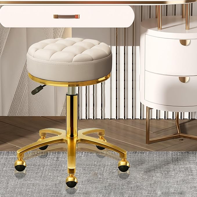 Rolling Stool Gold Vanity Stool with Wheels, Pedicure Massage Roller Stools, PU Leather Round Swivel Salon Spa Chair, Titanium Gold Base, Height Adjustable 43-55 cm (Off White)