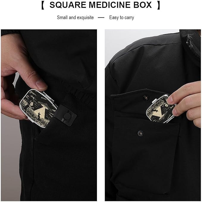Metal 2 Compartment Pill Organizer Travel Friendly Portable Compact Pill Box Cute Pill Case,for Pocket Wallets Daily Portable Medicine Vitamin Tablet Storage (Mysterious cat)