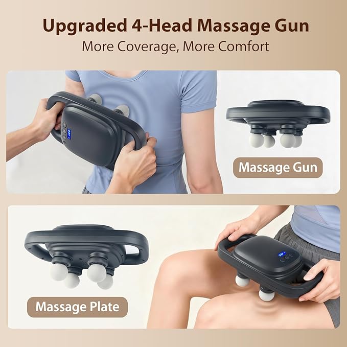 4 Head Massage Gun,Update 25W Powerful Motor for Deep Tissue Percussion Massager with 99 Intensity Levels for Neck, Back,Shoulders, Legs Pain Relief & Recovery