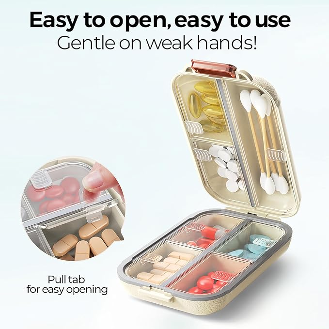 7 Compartments Travel Pill Organizer, Foldable Portable Airtight Daily Pill Box, Compact Pill Case for Purse & Pocket, BPA-Free Medicine Organizer for Vitamins Fish Oil Supplements (White)