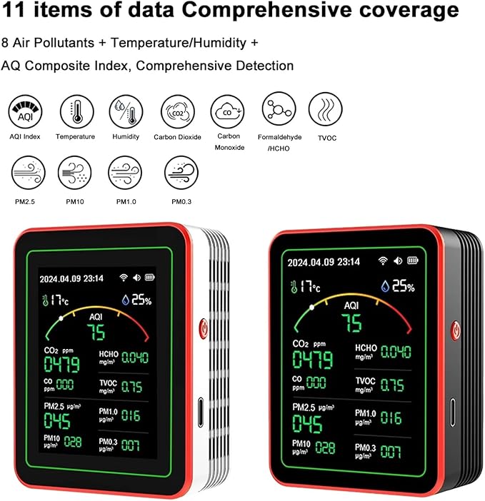 Tuya WiFi 15 in 1 Indoor Air Quality Monitor TFT Display Portable AQI PM0.3 PM1.0 PM2.5 PM10 Tester Temperature Humidity Meter(White)