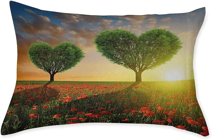 XISUNYA Decorative Bedding Sheet Set Cal-King Size, Valentines Day Deep Pockets Fitted Sheet & 2 Pillow Sham Set, Poppy Heart Shaped Trees Romantic Love Meadow Print Microfiber 3pc Bed Sheets Set