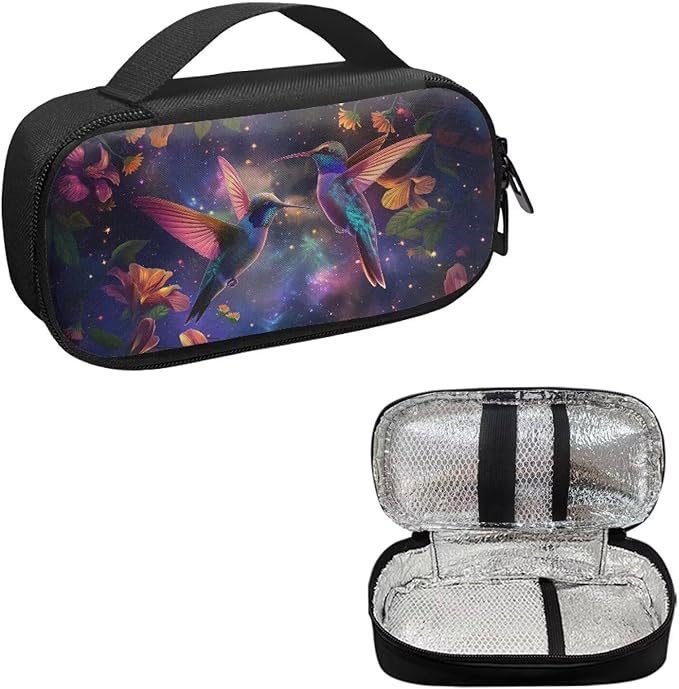 Hummingbirds Floral Print Insulin Pen Cooler Travel Case with Handle Daily Life and Trip Storage Bag for Glucose Meter, Test Strips, Lancets & Diabetic Supplies Easy to Use & Carry