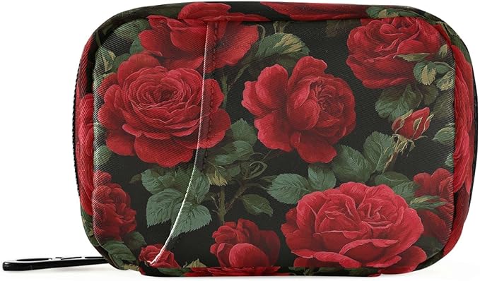 Pfrewn Pill Organizer Case Retro Red Rose Travel Pill Box with Zipper 7 Day Portable Small Weekly Vitamin Medicine Supplement Holder Pouch Bag for Women Men