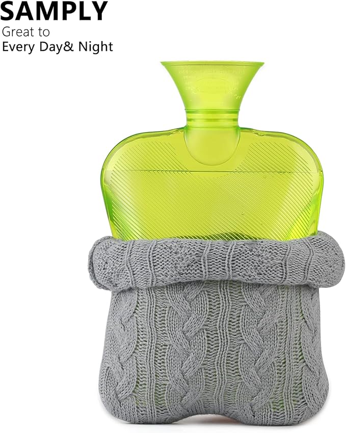 samply Hot Water Bottle with Knitted Cover, 2L Hot Water Bag for Hot and Cold Compress, Hand Feet Warmer, Ideal for Menstrual Cramps, Neck and Shoulder Pain Relief,Grey