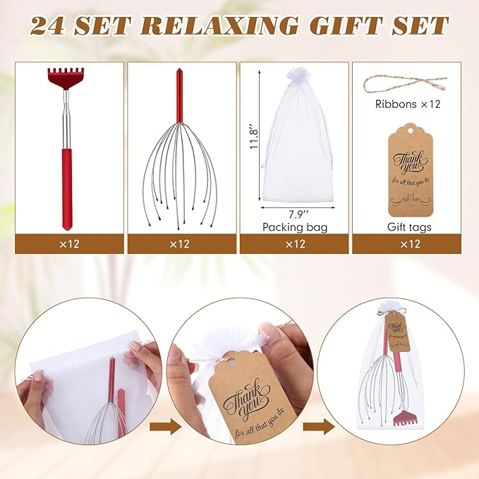Hoolerry 24 Sets Massage Gifts Head Massager Back Scratcher Fingers Head Scratcher Manual Scalp Massager Valentine's Day for Body Home Office Spa Stress Relief Relaxation Women Men (Colorful)