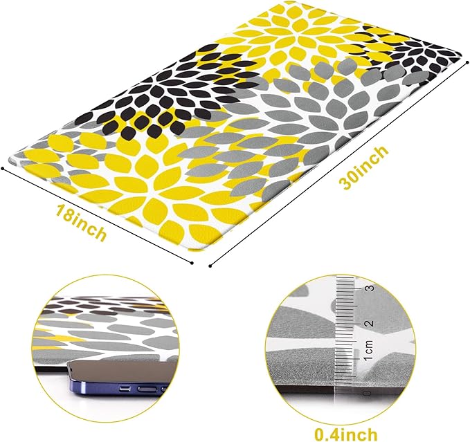 Likiyol Kitchen Mats for Floor, Anti-Fatigue Mats Kitchen Rugs Non Slip Washable, Boho Flower Waterproof Kitchen Decor Cushioned Comfort, Standing Floor Mats for Home/Office/Sink, 18''x30''(Yellow)