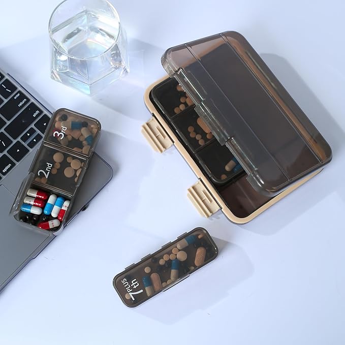 RICHCEE Weekly (7-Day) Pill Organizer, 7 Compartments Combined Pill Box, Medicine Planner for Fish Oil/Vitamin Organizer/Supplement (Darkbrown)