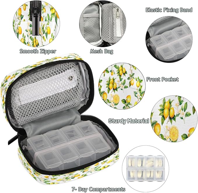 Yellow Fruit Lemon Flower Travel Pill Organizer Box Weekly Portable Pill Case Daily Pills 7 Day Small Birth Control Pills Container Removable Compartments for Medicine Vitamins Fish Oil
