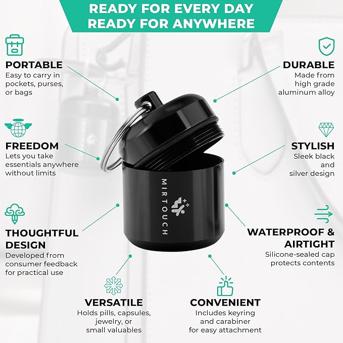 PillPort - Portable Keychain Pill Holder Case Discreet Waterproof Mini Pill Container Carrier with Strong Carabiners for Pocket Purse Travel Bags Aluminum Alloy Pill Fob Box for Medicine Jewelry 2pk
