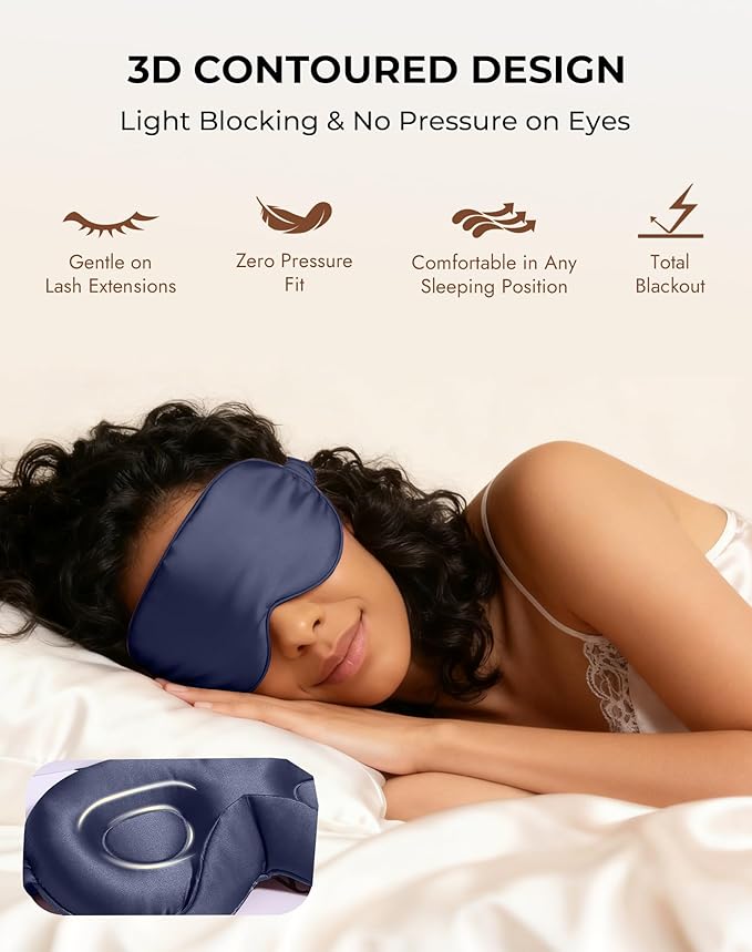 SilkSilky 100% 22 Momme Mulberry Silk Sleep Mask – Upgraded 3D Contoured Eye Mask with Nose Wing Pads & Adjustable Strap, Luxury Blackout Eye Cover for Women & Men (Dark Blue)