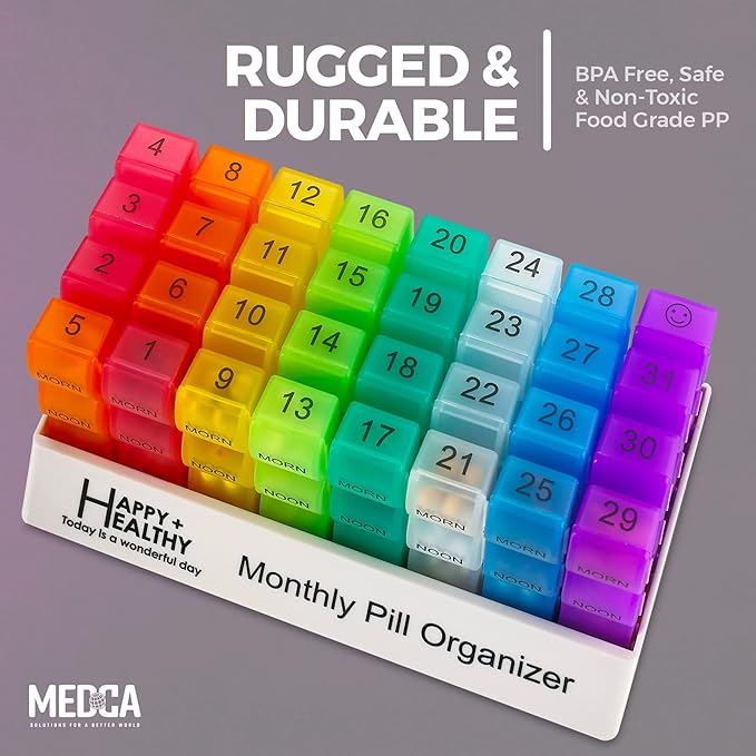 Month Pill Box Organizer - 3-Times-A-Day | Morning-Noon-Night - 30 Day Pill Case with 32 Daily Compartments for Vitamins, Supplements, Medication - Travel Monthly Pill Organizer 3 Times A Day