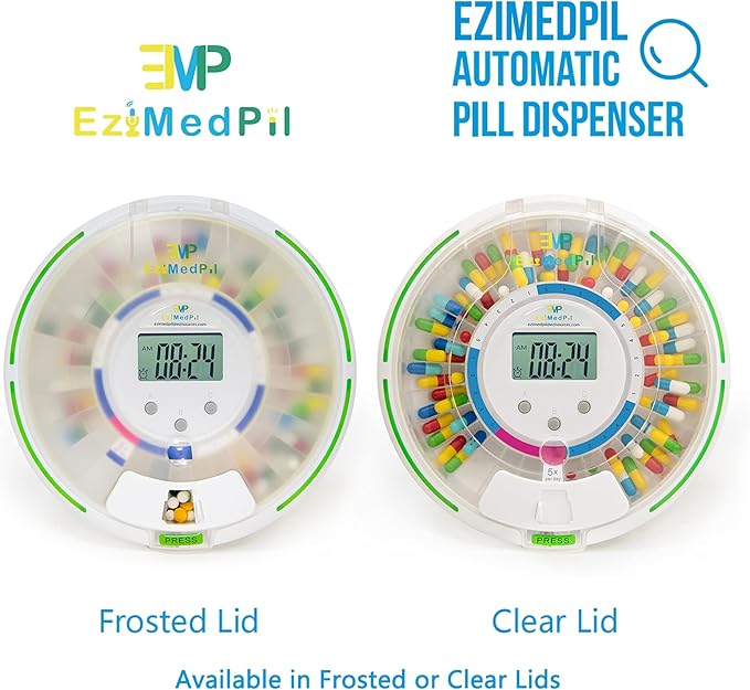 EziMedPil Automatic Pill Dispenser with Alarm, Sound & Light, up to 6 Alarms/Day, 6 Dosage Templates, Easy-Read Display, Frosted Lid & Locked 28-Day Medication Dispenser for Protecting Pills Privacy
