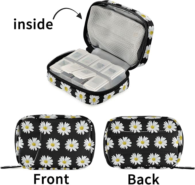 Fustylead White Daisy Travel Pill Organizer Bag with Zipper Small Pill Box 7 Day Pill Case for Purse Storage Weekly Vitamin Medicine Supplement