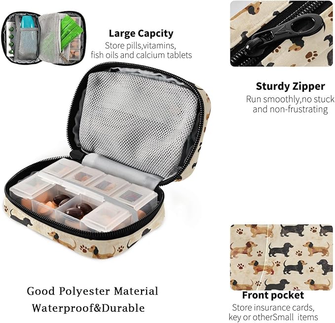 Fustylead Cute Brown Black Dachshund Dogs and Paw Prints Pill Organizers 2 Times A Day Pill Case Bag with Zipper Portable Weekly Pill Dispensers for Vitamin Supplement