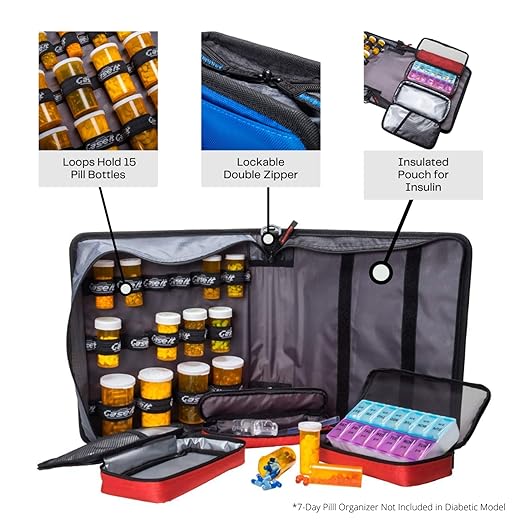 Med Manager Medicine Organizer and Binder, Removable Pouches, Detachable 5-Tab Expanding File Folder, Holds 15 Pill Bottles - 11 Standard Size and 4 Large Bottles, Light Blue 13 x 13 x 4.5 inches