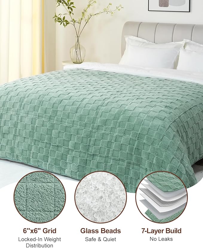 Kivik Weighted Blanket for Adult, 15 lbs Checkered Throw Blankets, Soft Dual Sided Heavy Fleece Checkerboard Blanket for Couch Sofa Bed, Queen Size 60 x 80 Inches, Sage Green