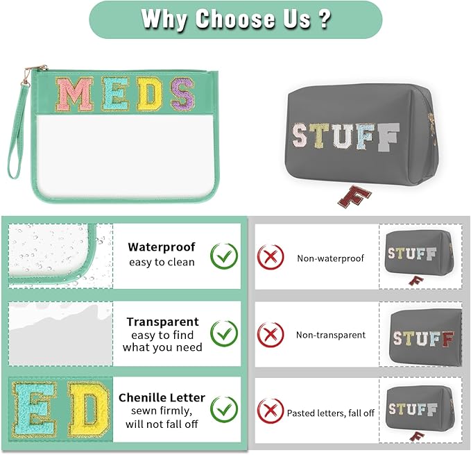 Chenille Letter Bag Clear Makeup Pouch, Preppy Patch Small Medicine Bag Travel Drugs Pills Zipper Pouch With Wristlet, Waterproof Portable Meds Storage Organizer for Patient Nurse (MEDS-Green)